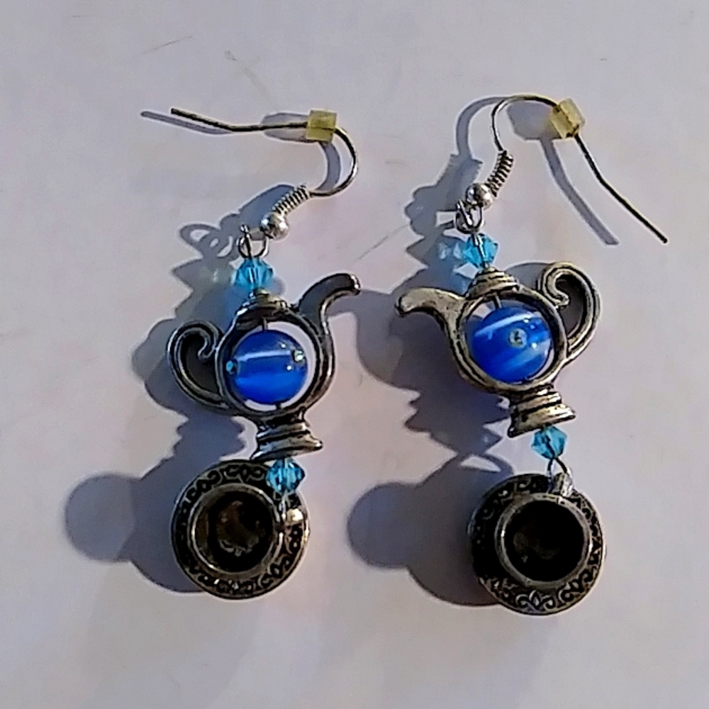 Silver Toned Tea cup, saucer, and Teapot drop earrings With Blue Swirl Stone